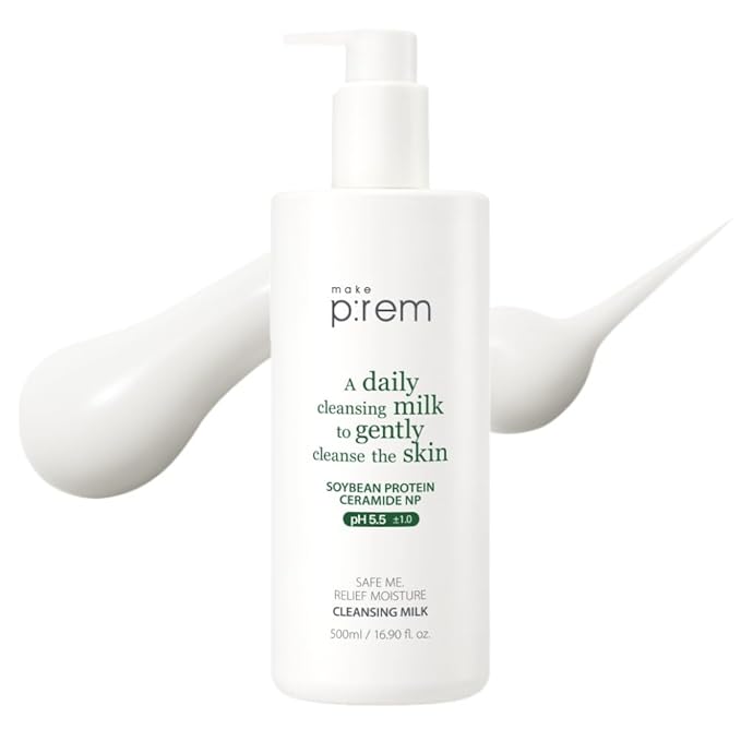 MAKE P:REM Safe Me. Relief Moisture Cleansing Milk, Hydrating Gentle Face Wash for Sensitive Skin with Soy Protein, Korean Milky Cleanser, Korean Skin Care, 16.90 fl.oz (500ml)
