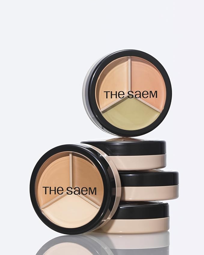 THESAEM Cover Perfection Triple Pot Concealer - 01 Correct Beige for Red Tone & Dark Circles - 3-Color Multi Concealer Palette for Skin Tones 21-23 - Korean Makeup with Sweet Almond Oil & Herbal Water