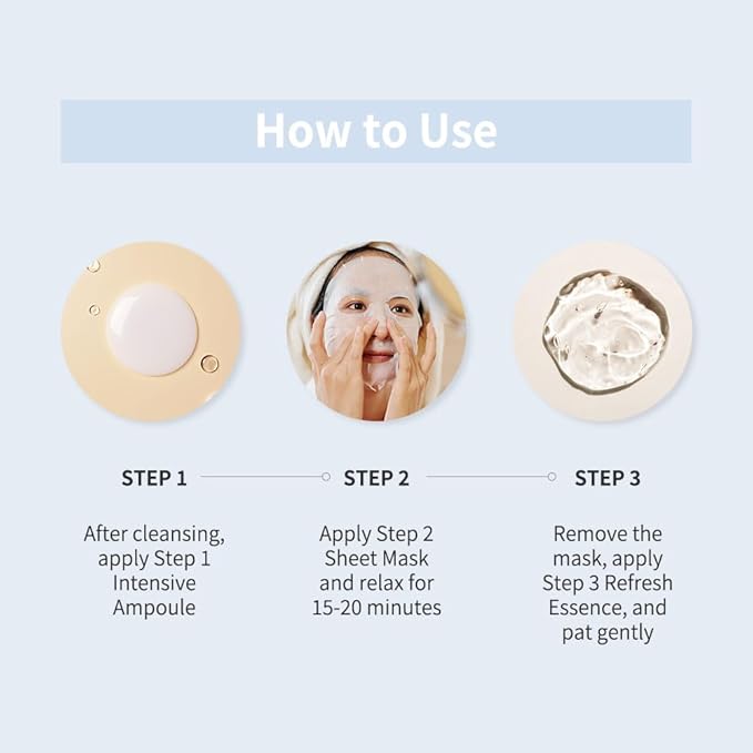 Naisture 3 Step Ampoule Hydrating Sheet Mask Set for Skin Elasticity, Smoothing, and Moisture. Korean Skincare Kit with Ampoule, Mask, and Essence (5 pcs) (Hyaluronic Acid)