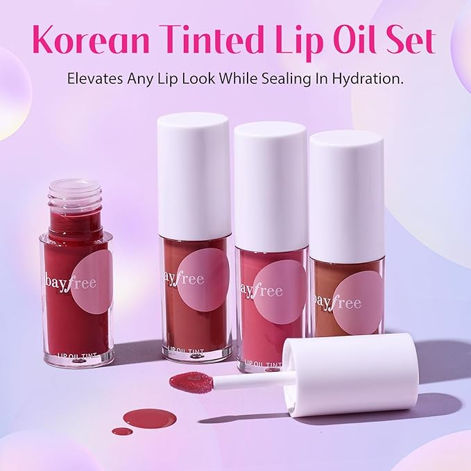 bayfree Tinted Lip Oil Stain Set, Hydrating High Shine Lip Gloss Set, Long-Lasting Bright Color Lipgloss for Dull Lips, Weightless & Non-Sticky, Vegan Korean Makeup, Crystal Finish