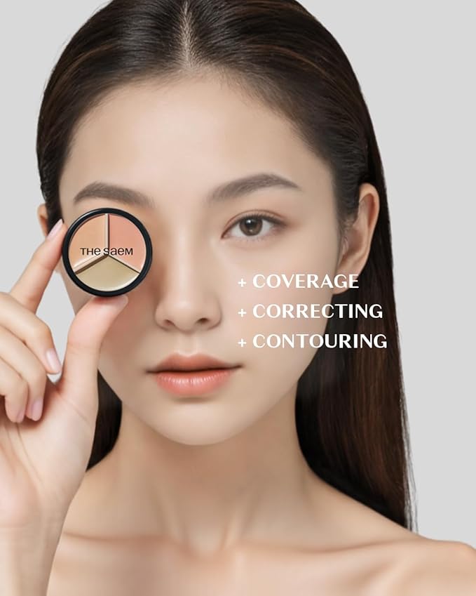 THESAEM Cover Perfection Triple Pot Concealer - 03 Correct Up Beige for Red Tone & Dark Circles - 3-Color Multi Concealer Palette for Light Skin Tones 13-21 - Korean Makeup with Sweet Almond Oil