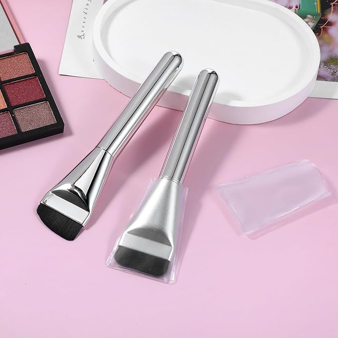 2pcs Spatula Brush Makeup, Flat Foundation Brush, Korean Makeup Brushes for Liquid Makeup Blending Cream, Black Soft Bristles Blending Brushes Silver