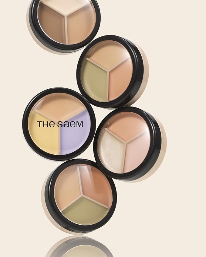 THESAEM Cover Perfection Triple Pot Concealer 2-Pack Set - 01 Correct Beige & 02 Contour Beige Bundle - 6-Color Multi Concealer Palette Kit - Korean Makeup with Sweet Almond Oil for Complete Coverage