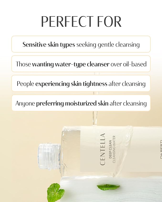 DR.PEPTI Centella Deep Clean Cleansing Water - Korean Micellar Makeup Remover Face Cleanser - pH Balancing Hydrating Gentle for Sensitive Dry Skin Apple Amino Acids Peptides, 13.5 fl.oz.