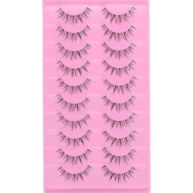 outopen 10 Pairs Manga Lashes Natural Look False Eyelashes Wispy Spiky Anime Lashes Korean Japanese Asian Style Cosplay Fake Eyelashes with Clear Band
