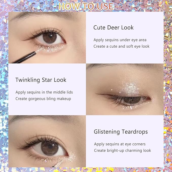 4Pcs Liquid Eyeshadow Eyeliner Kit Set for Korean Makeup, Sparkling Shimmer Metallic Eye Glitter Sequins for Under Eye Tear-Drop Make Up, Quick-Dry Loose Glitter Glue for Crystal Mermaid Looks