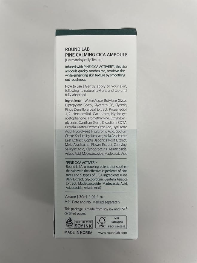 ROUND LAB Pine Calming Cica Ampoule 1.01 Fl Oz, Hydrating and Soothing Serum with Pine Cica and Hyaluronic Acid for Skin Barrier Strengthening, Gentle Exfoliation, and Deep Moisture, Korean Skincare