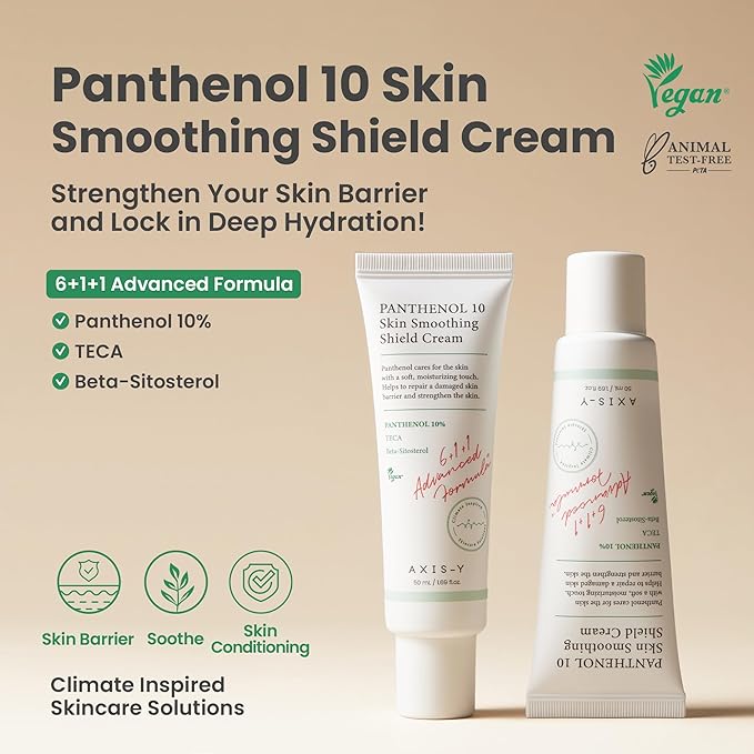 AXIS-Y Panthenol 10 Skin Smoothing Shield Cream - Daily Facial Moisturizer Barrier Cream for Long Lasting Hydration & Soothing - Vegan Korean Skin Care Face Lotion - 1.69 fl. oz.