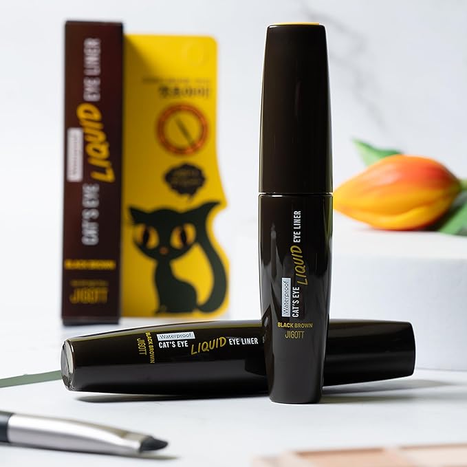 Jigott - Cat's Eye Waterproof Liquid Eyeliner (Black Brown) (0.31floz / 9g) - Korean Beauty Makeup, Smudge-proof, Long-lasting
