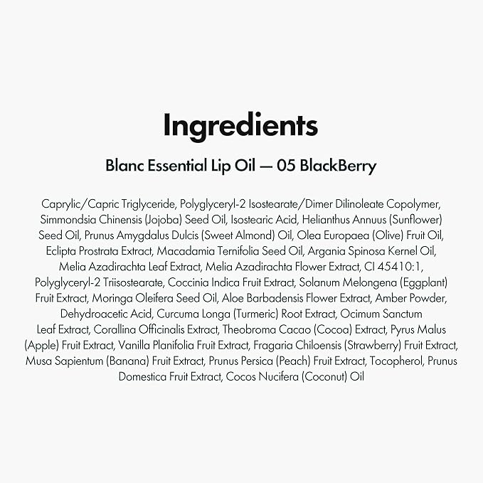 Blanc Essential Lip Oil - 50HR Moisturizing, Hydrating & Color Changing Korean Tinted Lip Oil Gloss Makeup with 6 Plant Extracts - Lightweight, Non-Sticky Finish 0.15 fl oz (#05 Blackberry)