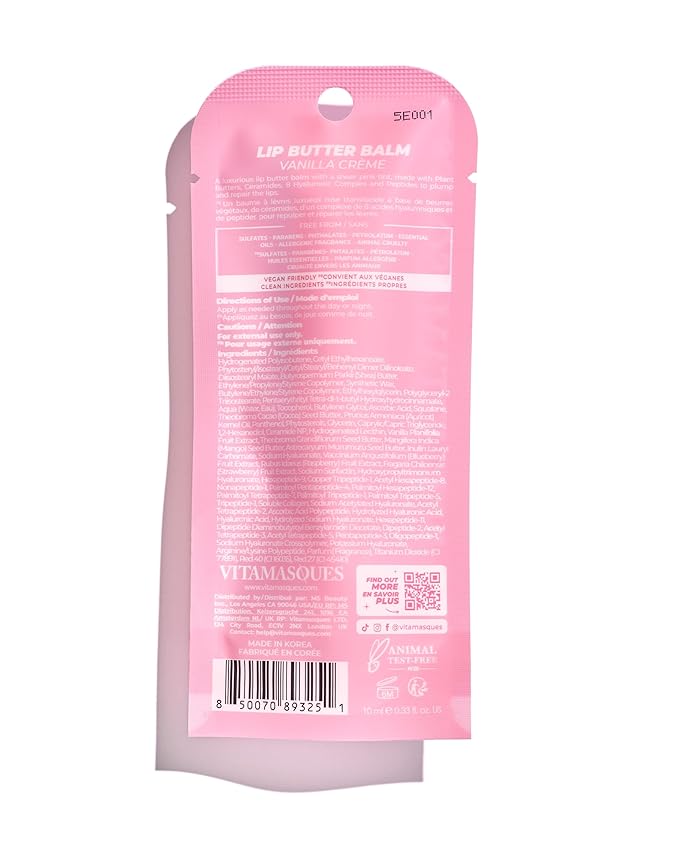 Vitamasques Lip Butter Balm Vanilla Creme, Korean Lip Balm - Peptide Lip Treatment - Lip Balm Hydrating - Light Tinted Lip balm - Made in Korea - 0.33 fl.oz