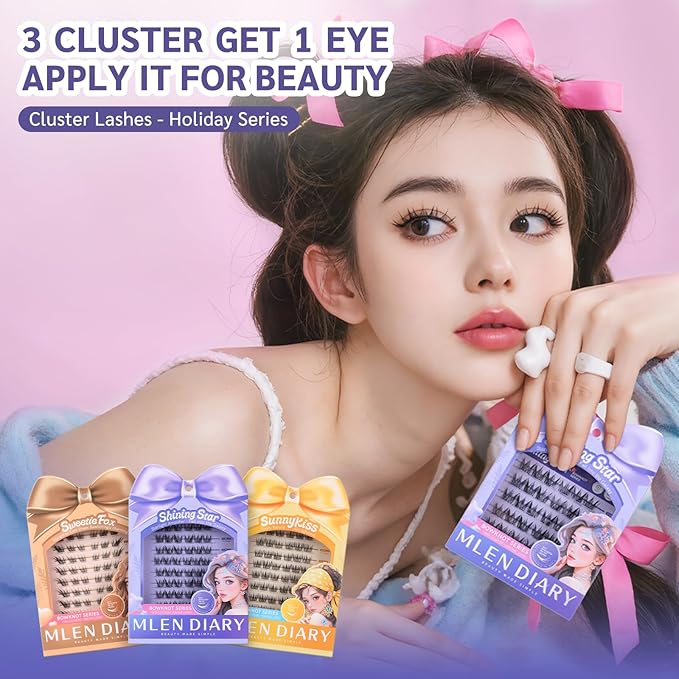 MLEN DIARY Lash Clusters 60PCS Natural Eyelash Clusters C Curl Wispy DIY Eyelash Extensions 11-12mm Soft & Light Eyelash Clusters Korean Manga Style (Shining Star)