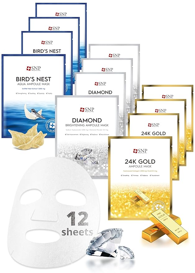 SNP Variety Ampoule Sheet Mask Set | Bird's Nest, 24K Gold, and Diamond Face Mask | Hydrating, Moisturizing, Nourishing for Sensitive Facial Skin | Korean Face Masks Skincare | 12 Sheets