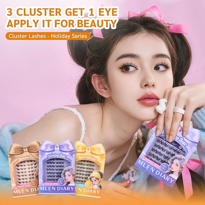 MLEN DIARY Lash Clusters 60PCS Natural Eyelash Clusters C Curl Wispy DIY Eyelash Extensions 11-13mm Soft & Light Eyelash Clusters Korean Manga Style (Sunny Kiss)