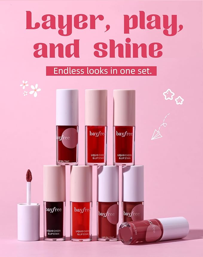 bayfree Tinted Lip Oil & Lip Stain Set, Korean Makeup, Smudge-Proof,Long-Wearing, 2-in-1 Cheek and Lip Tint with Moisturizing, High-Shine, Lightweight & Non-Sticky for Dry Lips, Cruelty-Free & Vegan