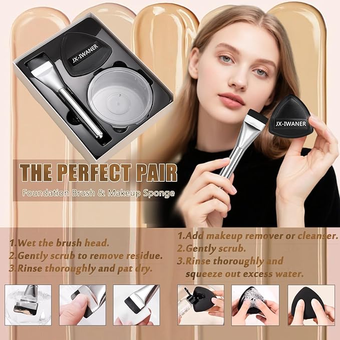 Flat Foundation Brush + Makeup Sponge, Korean Makeup Set Liquid Foundation Concealer Brush and Makeup Sponge for Blending, Cream, Premium Face Makeup