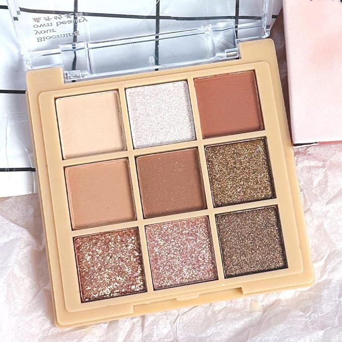 9Colors Nude Champagne Gold Rose Brown Colorful Glitter Eyeshadow Palette Makeup,Korean Natural Neutral Rainbow Eyeshadow Palettes Naturing-Looking Long Lasting Waterproof Blendable