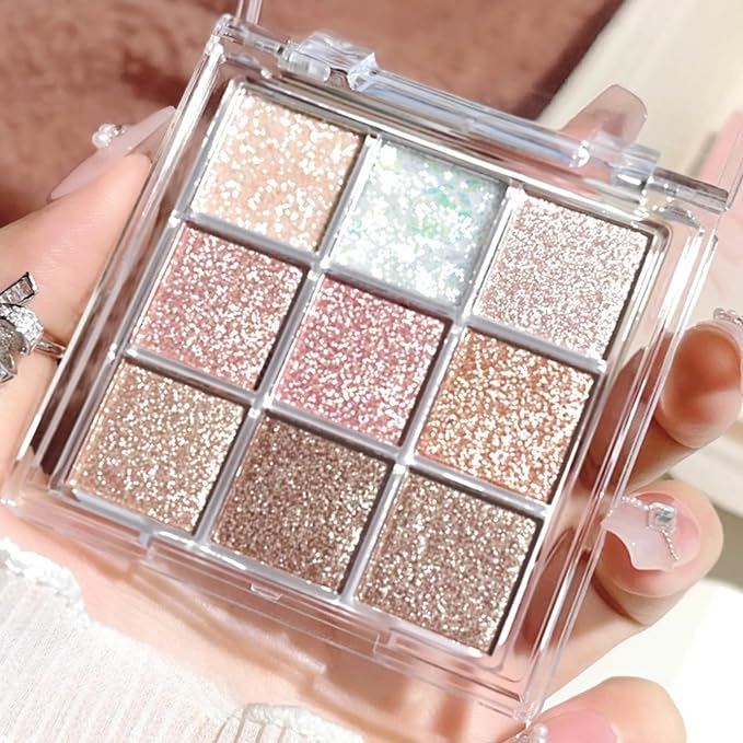 9 Colors Glitter Shimmer Eyeshadow Makeup Palette, Korean Natural Eye Shadow Palettes Highly Pigmented Long Lasting Waterproof Blendable sombras para ojos Pink Golden Brown Women Girls Eye Shadow