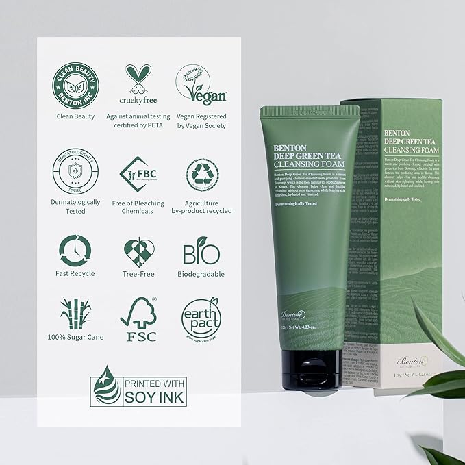 BENTON Deep Green Tea Natural Face Wash (4.23 oz.) - Hydrating and Gentle Facial Cleanser for Various Skin types, Korean Foaming Facial Cleanser