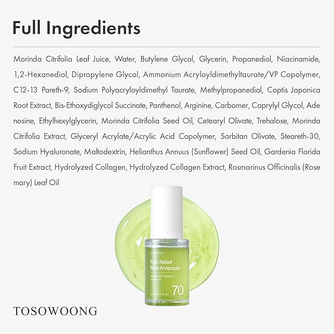 TOSOWOONG Real Relief Noni Ampoule, 701,518ppm Noni Leaf Juice, Korean Skincare Calming Serum, Dark Spots & Fine Lines, Hydration, Moisturizing, Anti Aging, Glass Skin Glow, 33ml / 1.11 fl. oz.