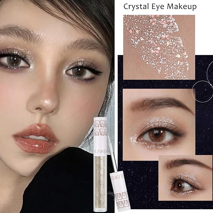 Eye Glitter Liquid Eyeshadow Eyeliner Set(6Pcs), Glittery Korean Makeup Bling Under Eye Shadows, Shimmer Tear Drop Make Up Gift Kit, Quick-Dry, Long-Lasting Loose Glitter Glue for Crystal Makeup