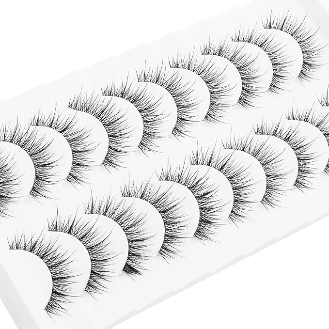 outopen 10 Pairs Manga Lashes Natural Look Clear Band Lashes Japanese Anime Eyelashes Asian Style False Eyelashes Wispy Thin Band False Lashes Korean Makeup Fake Eyelashes Fairy Lash Clusters