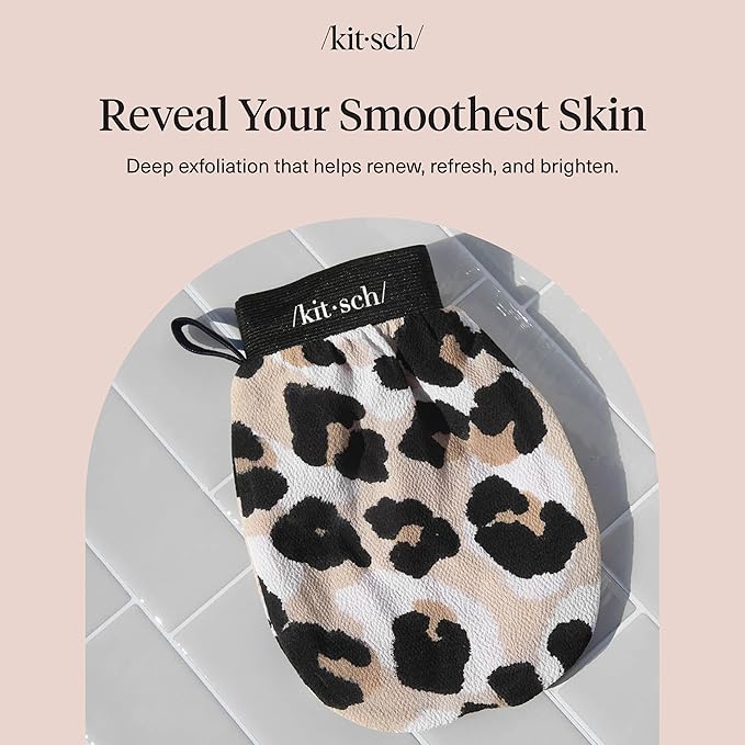 Kitsch Exfoliating Glove – Korean Exfoliating Mitt & Deep Exfoliating Body Scrubber for Shower, Bath | Body Exfoliator, Dead Skin Remover | Skin Care for Smooth, Renewed Skin - 1pc, Leopard