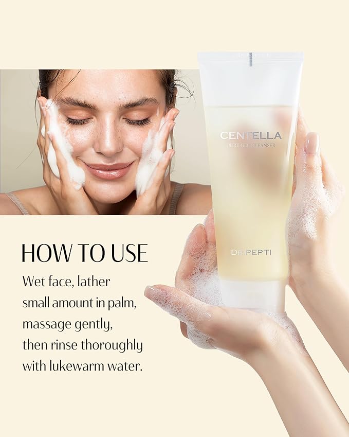 DR.PEPTI Centella Pure Gel Cleanser - Korean Face Wash Gentle Daily Cleanser for Sensitive Dry Skin with Salicylic Acid BHA Peptides - pH Balanced Gel to Bubble Wash, 6.76 fl.oz.
