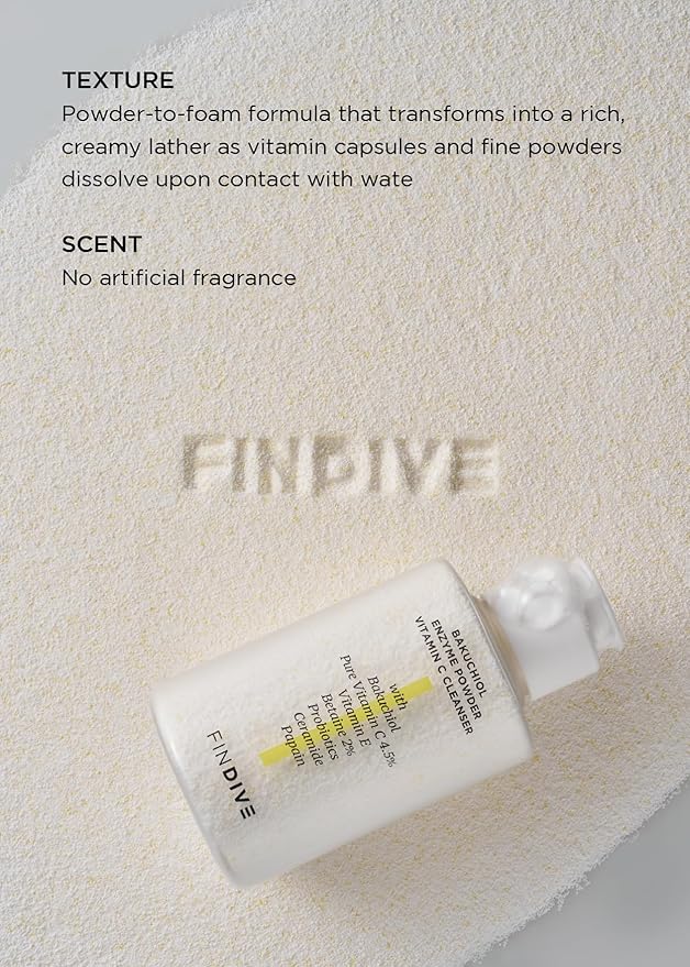 FINDIVE OFFICIAL Bakuchiol Enzyme Powder Vitamin C Cleanser, Gentle Daily Exfoliating Face Wash with 4.5% Pure Vitamin C, Plant-Based Surfactants, Probiotics, Korean Skincare 1.41 fl.oz
