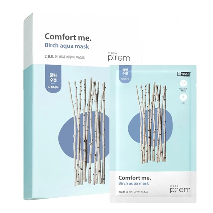 MAKE P:REM Comfort Me. Birch Aqua Mask, Korean Facial Sheet Mask, EWG Green, Soothing & Hydrating Face Mask, EVE VEGAN, 30ml, 1.01 fl.oz. x 10EA