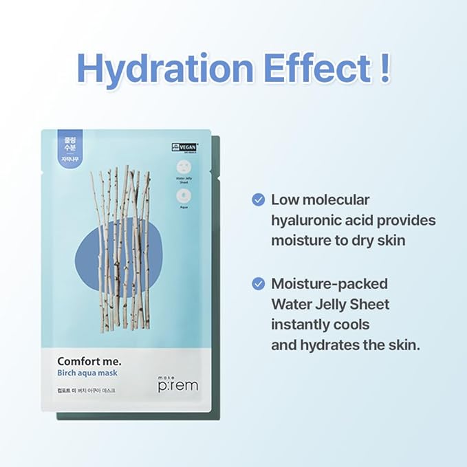MAKE P:REM Comfort Me. Birch Aqua Mask, Korean Facial Sheet Mask, EWG Green, Soothing & Hydrating Face Mask, EVE VEGAN, 30ml, 1.01 fl.oz. x 10EA