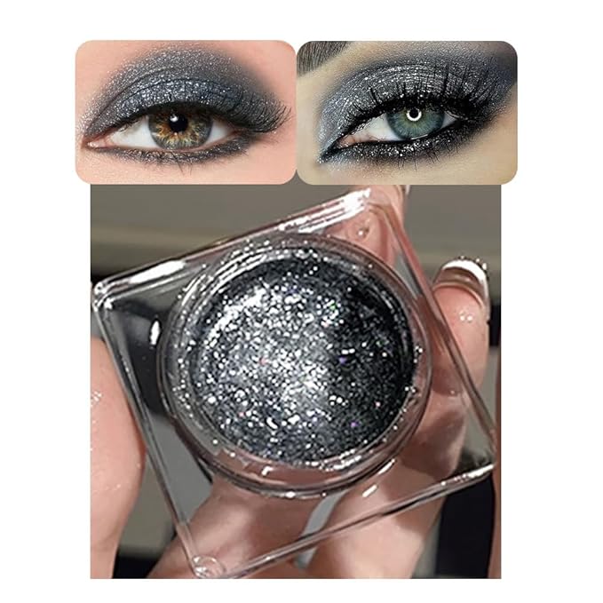 Single Cream Glitter Eyeshadow, Shimmer Eyeshadow Palette, Korean Eye Glitter Makeup, Ultra-Blendable, Sparkle Silver Eye Shadow, Single Shade Metallic Pigmented (Black)