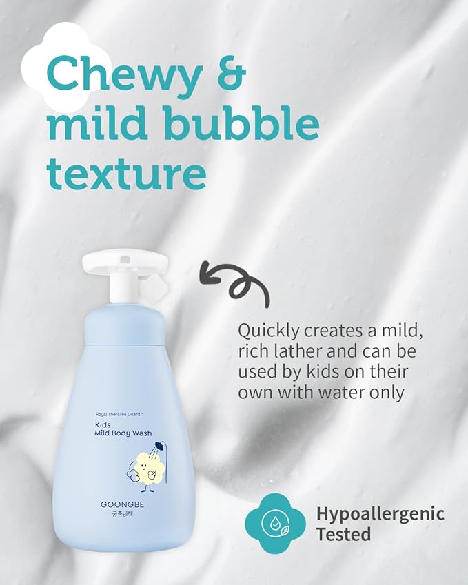 GOONGBE Kids' Mild Body Wash - Korean Kids Body Cleanser - Hydrating & Refreshing Low pH Soft Bubble Foaming with Panthenol and Amino Acids - Allergen Free Scent, 10.1 fl.oz.