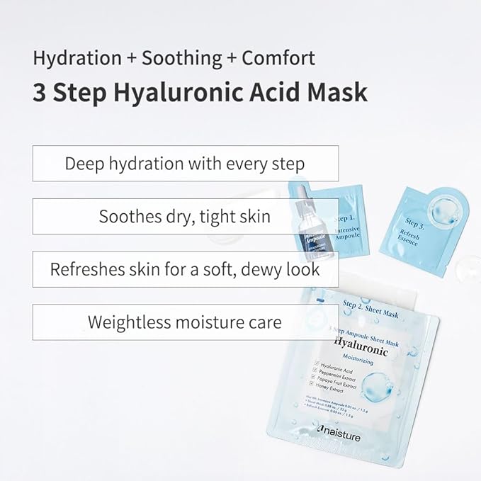 Naisture 3 Step Ampoule Hydrating Sheet Mask Set for Skin Elasticity, Smoothing, and Moisture. Korean Skincare Kit with Ampoule, Mask, and Essence (5 pcs) (Hyaluronic Acid)