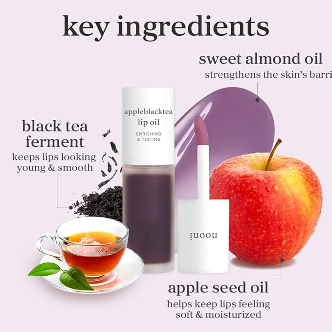 NOONI Korean Lip Oil - Appleblacktea | Long-Lasting, Moisturizing, Plumping, Revitalizing for Dry Lips, Waterproof, No Peel Off, Hydrating, Stocking Stuffers, Teen Girl Gifts, 0.12 FL Oz
