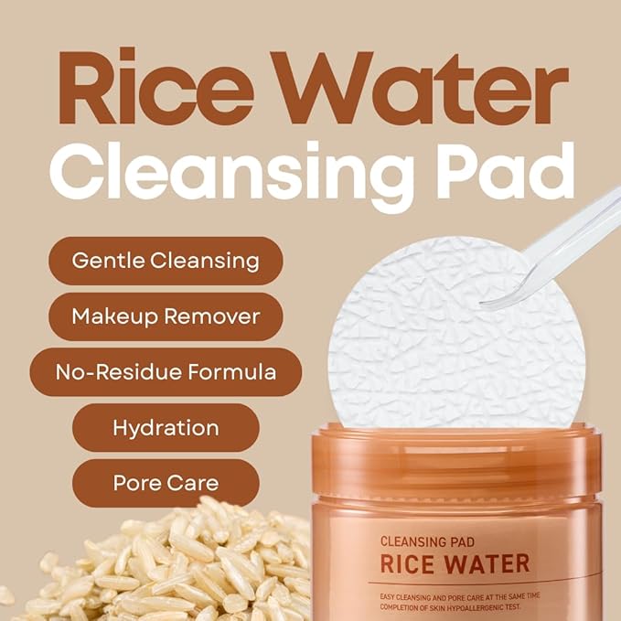 Rice Water Cleansing Pads – Makeup Remover Wipes & Korean Toner Pads with Centella Asiatica, Exfoliating for Blackhead Removal & Pore Minimizer, 50 Pad