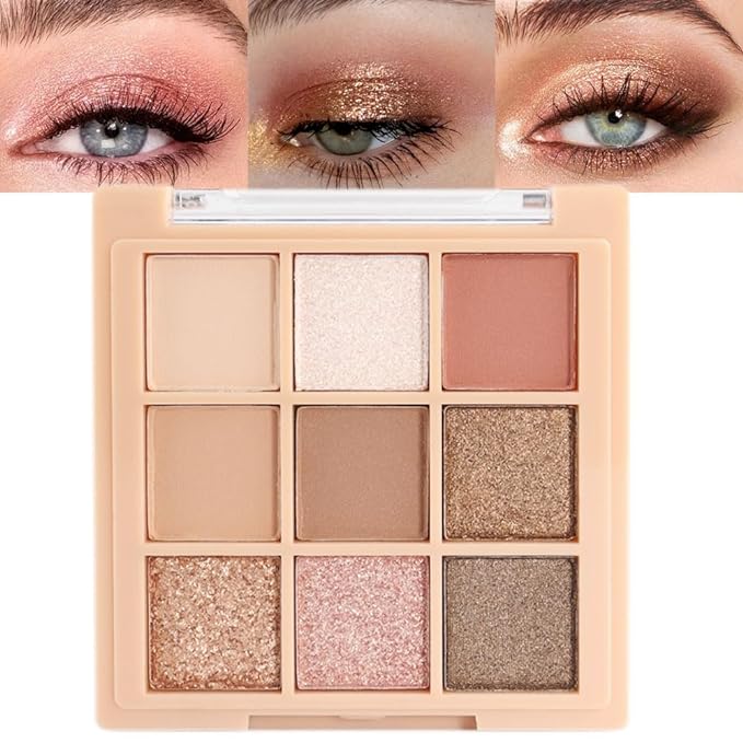9Colors Nude Champagne Gold Rose Brown Colorful Glitter Eyeshadow Palette Makeup,Korean Natural Neutral Rainbow Eyeshadow Palettes Naturing-Looking Long Lasting Waterproof Blendable