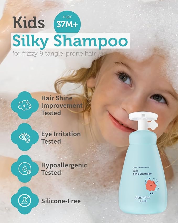 GOONGBE Kids' Silky Shampoo - Korean Kids Hair Softening Shampoo - Shiny and Glossy Hair for Weak, Frizzy and Tangle Prone Hair - Low pH & Silicone-Free Formula - Allergen Free Scent, 10.1 fl.oz.