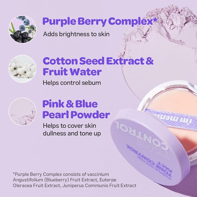 I'M MEME Compact - Purple Cotton Tone Control Pact | Korean Pressed Setting Powder With Berry Complex, Makeup Powder, Translucent Compact, Finishing Powder, Oil Free Face Powder, Preppy Stuff, 0.35 Oz