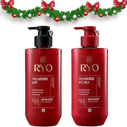 Ryo Hair Damage Care & Nourishing Shampoo & Conditioner Set | Korean Ginseng Herbal Formula for Damaged, Dry Hair | Strengthening Moisture Repair K-Beauty Haircare | Holiday Gift Idea