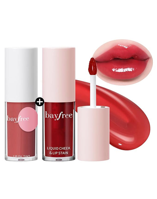bayfree Tinted Lip Oil & Lip Stain Set, Korean Makeup, Smudge-Proof,Long-Wearing, 2-in-1 Cheek and Lip Tint with Moisturizing, High-Shine, Lightweight & Non-Sticky for Dry Lips, Cruelty-Free & Vegan