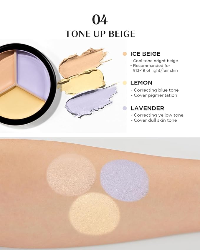 THESAEM Cover Perfection Triple Pot Concealer - 04 Tone Up Beige for Brightening & Vitality - 3-Color Multi Concealer Palette for Dull Yellow Tone - Korean Makeup with Sweet Almond Oil & Herbal Water