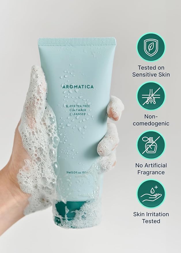AROMATICA Super Tea Tree Clay Mask Cleanser, Blackhead Remover & Pore Minimizer for Face, Korean Face Wash with Tea Tree Oil, 2 In 1 Acne Skin Care Clay Mask & Cleanser, Oil control (5.0 fl oz)