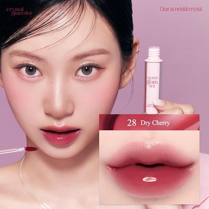 CLIO CRYSTAL GLAM TINT (CHERRY SERIES 028 DRY CHERRY), Glossy Finish, Lightweight, Buildable, Glass-Like, Smoothing, Long-Lasting, Vivid, Transparent, Shiny, Moisturizing Lip Stain, Korean Lip Tint
