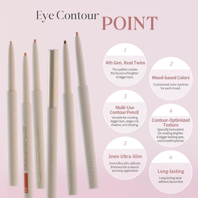 Heart Percent Dote On Mood Contour Eyeliner Slim, Long Lasting Aegyosal Waterline Extended Twim Liner for Eye Contouring Makeup, P1. Brown Eyes