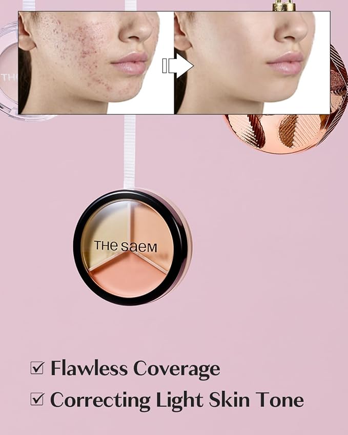 THESAEM Cover Perfection Triple Pot Concealer - 03 Correct Up Beige for Red Tone & Dark Circles - 3-Color Multi Concealer Palette for Light Skin Tones 13-21 - Korean Makeup with Sweet Almond Oil