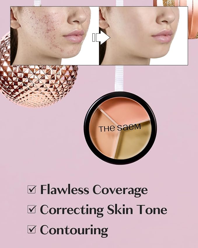 THESAEM Cover Perfection Triple Pot Concealer 2-Pack Set - 01 Correct Beige & 02 Contour Beige Bundle - 6-Color Multi Concealer Palette Kit - Korean Makeup with Sweet Almond Oil for Complete Coverage