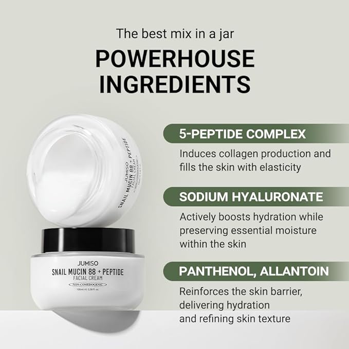 JUMISO Snail Mucin 88 Peptide Cream - Korean Face Moisturizer 5-Peptide Complex Collagen Boost Hyaluronic Acid Niacinamide Damaged Skin Repair - Sensitive Skin Non-Comedogenic 3.38 oz.