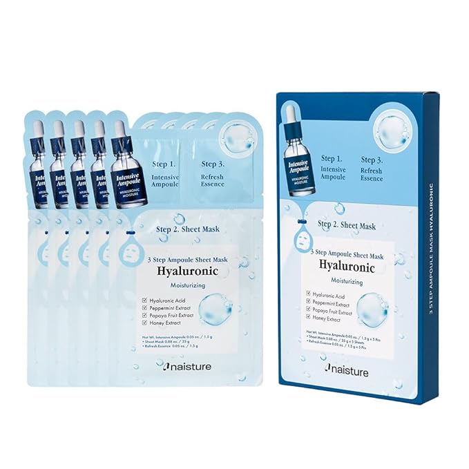 Naisture 3 Step Ampoule Hydrating Sheet Mask Set for Skin Elasticity, Smoothing, and Moisture. Korean Skincare Kit with Ampoule, Mask, and Essence (5 pcs) (Hyaluronic Acid)