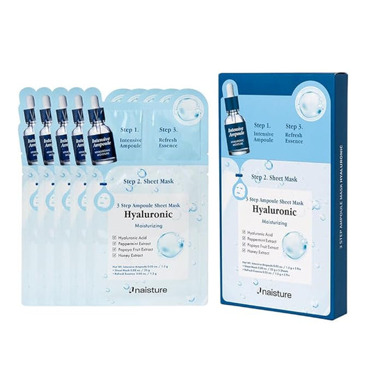 Naisture 3 Step Ampoule Hydrating Sheet Mask Set for Skin Elasticity, Smoothing, and Moisture. Korean Skincare Kit with Ampoule, Mask, and Essence (5 pcs) (Hyaluronic Acid)